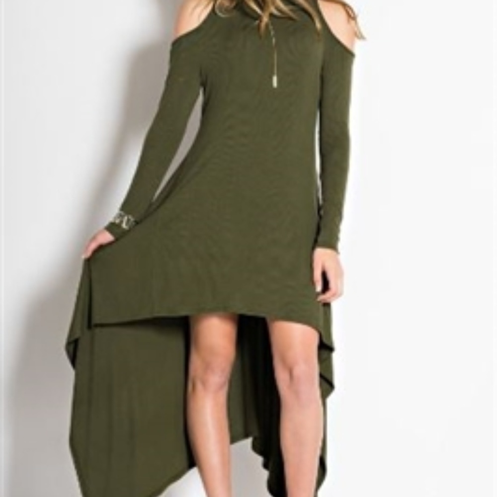OLIVE HIGH LOW DRESS W/ CUT-OUT SHOULDER